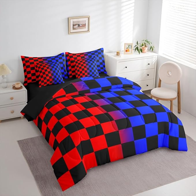 Checkered Comforter Set With Sheets 7 Piece King Size Red Blue Plaid Bed in a Bag Kids Boys Girls Cute Retro Neutral Checkerboard Geometric Bedding Set Vintage Aesthetic Bedroom Decor Breathable Soft