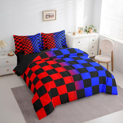 Checkered Comforter Set With Sheets 7 Piece King Size Red Blue Plaid Bed in a Bag Kids Boys Girls Cute Retro Neutral Checkerboard Geometric Bedding Set Vintage Aesthetic Bedroom Decor Breathable Soft