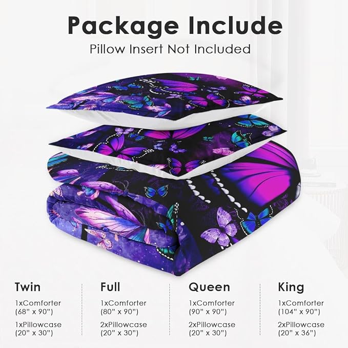 Comforter Set Queen Size with 2 Pillowcases, Summer Tropical Purple Butterfly 3 Pcs Bedding for Kids and Adults, Vintage Spring Galaxy Space Soft Comforter Set for Bedroom Bed Decor