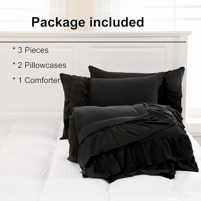 Black Comforter Set King Boho Bedding Set Shabby Chic 2 Layers Ruffled Bedroom Home Decor Ultra Soft Microfiber Farmhouse Down Comforter Bohemian Quilt Set