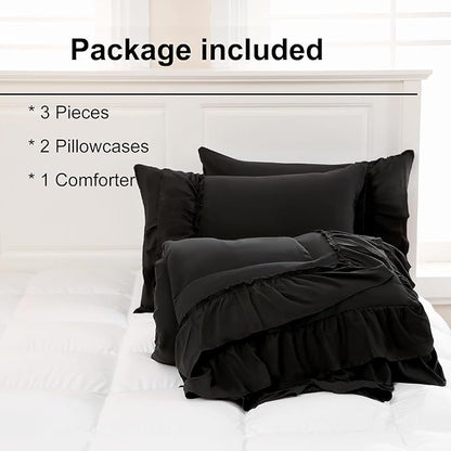 Black Comforter Set King Boho Bedding Set Shabby Chic 2 Layers Ruffled Bedroom Home Decor Ultra Soft Microfiber Farmhouse Down Comforter Bohemian Quilt Set