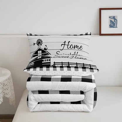 Rustic Cabin Comforter Set Full Country Farmhouse Bedding Set Black White Buffalo Plaid Check Bedding Comforter Sets For Kids Boys Girls Farm Animal Windmill Quilt Set Western Decor 2 Pillow Cases