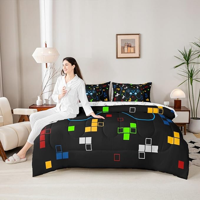 Cartoon Gamepad 7Pcs Comforter Set King Size,Miner Video Games Bedding Set,Kids Boys Girls Room Decor,Colorful Pixelated Geometric Bed in a Bag Black Reversible Gamer Flat Fitted Sheet,2 Pillowcases