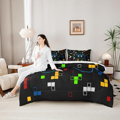 Cartoon Gamepad Bedding Set Twin Size,Miners Video Games 7Pcs Comforter Set,Kids Boys Girls Room Decor,Colorful Pixelated Geometric Bed in a Bag Black Reversible Gamer Flat Fitted Sheet,2 Pillowcases