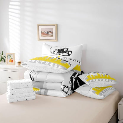 Erosebridal Football 7 Pcs Comforter Set King Football City Bedding Teens Grey Yellow Football Fans Sheet Set Bed in A Bag Rugby Game Room Decor Sports Ball Competition Quilt
