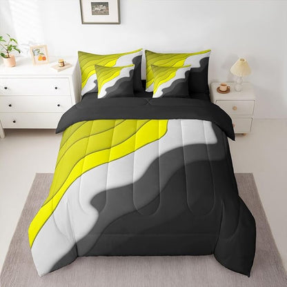 Yellow Grey Black Ombre Bedding Comforter Sets 7pcs Kids Teens Adults Geometric Stripe Bed in a Bag, Aesthetic Wave Twin Bedding Sets Modern Abstract Comforter Set, Gradient Bedding Sets & Collections