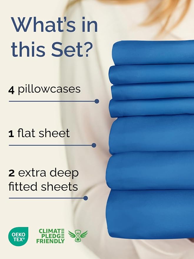 Extra Deep Split King Sheet Set - 7 Piece Breathable and Cooling Sheets - Hotel Luxury Bedding for Women, Men, Kids & Teens - Easy Secure Fit - Soft & Wrinkle Free - Extra Deep Pockets - Royal Blue