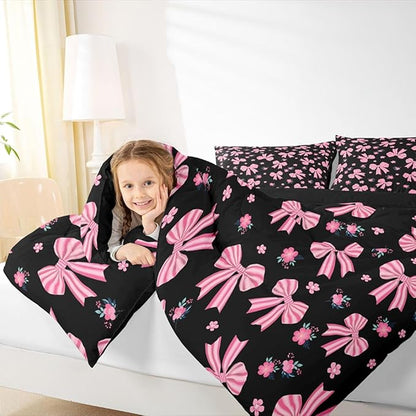 Feelyou Black Pink Bow Bedding Set Soft for Boys Girls, Cute Floral Comforter Set King Size Cute Bowknot Duvet Quilt Microfiber Kawaii Bedroom Decor 3 Pcs with 2 Pillow Cases