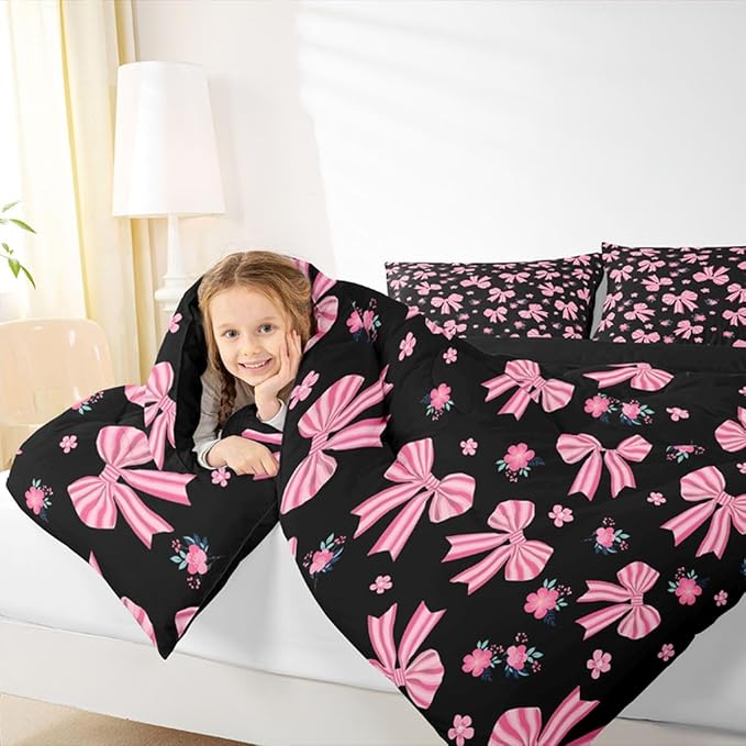 Feelyou Black Pink Bow Bedding Set Soft for Boys Girls, Cute Floral Comforter Set Queen Size Cute Bowknot Duvet Quilt Microfiber Kawaii Bedroom Decor 3 Pcs with 2 Pillow Cases