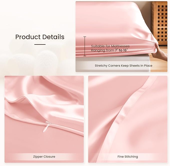 THXSILK 6A+ Top Grade 100% Pure Mulberry Silk Full Fitted Sheet 3Pcs Set Bed Sheets Luxury Bedding for Hair and Skin Breathable Safe Material, 1 Fitted Sheet with 2 Pillowcases, Charming Pink