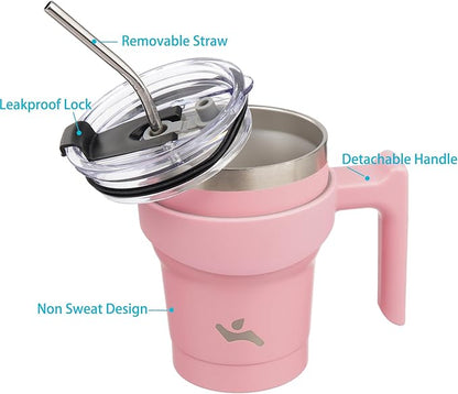 10 oz Tumbler with Handle and 2 Straw 2 Lid, Insulated Water Bottle Stainless Steel Vacuum Cup Reusable Travel Mug, Light Pink