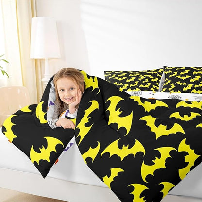 Erosebridal Yellow Bat King Bedding Set Halloween Bat Comforter Set Spooky Goth Gothic Animal Bed Collections Horror Halloween Duvet Quilt Sets for Kids Teens Adults