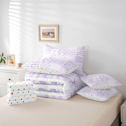 Feelyou Purple Bow Comforter Set with Sheets 7 Piece Twin Size Cute Bowknot Bedding Set for Kids Boys Girls Princess Bow Bed in a Bag Kawaii Room Decor Soft Lightweight Microfiber
