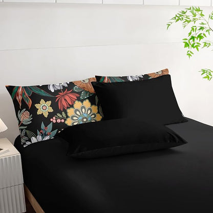 7 Pieces Colorful Floral Comforter Set,Bohemian Botanical Bedding Set Queen Size,Boho Farmhouse Flower Leaves Printed on Black Design,All Season Lightweight Soft Microfiber Bedding Set