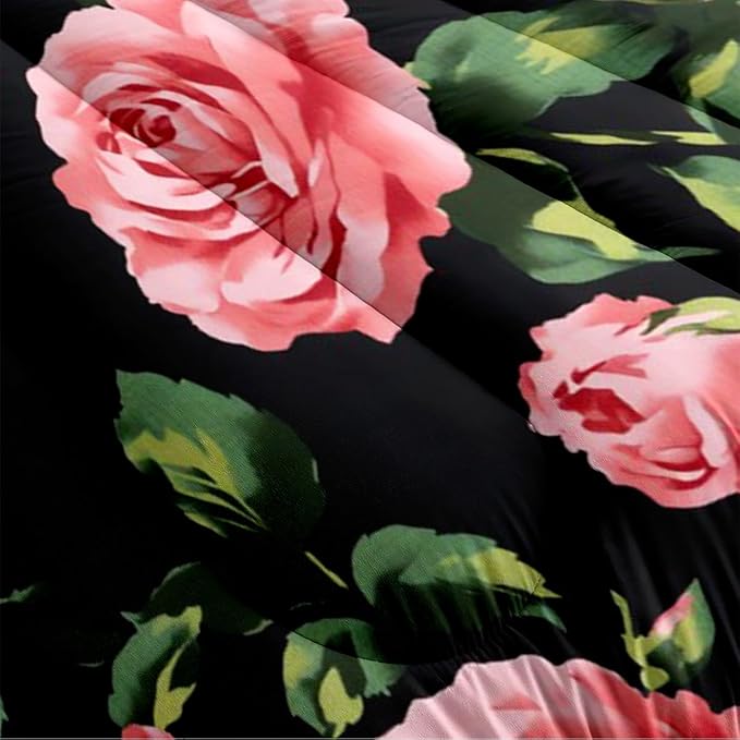 Rose Comforter Set Queen 3 Pieces Pink Rose Floral Bedding Set Black Romantic Soft Microfiber Down Alternative Comforter with 2 Pillowcases