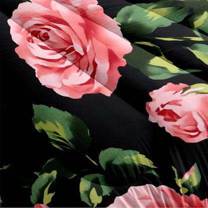 Rose Comforter Set Queen 3 Pieces Pink Rose Floral Bedding Set Black Romantic Soft Microfiber Down Alternative Comforter with 2 Pillowcases