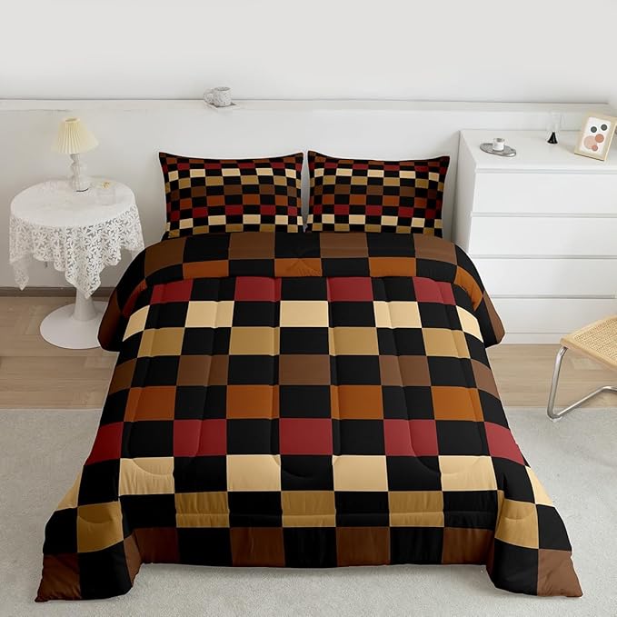 Feelyou Checkered Retro Kids Comforter Set Twin Size Brown Red Black Plaid Bedding Set Geometric Vintage Duvet Quilt for Kids Boys Girls Bedroom Modern Simple Groovy Aesthetic Decor