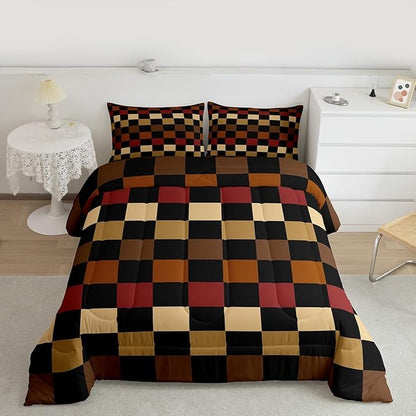 Checkered Retro Kids Comforter Set Full Size Brown Red Black Plaid Bedding Set Geometric Vintage Duvet Quilt for Kids Boys Girls Bedroom Modern Simple Groovy Aesthetic Decor