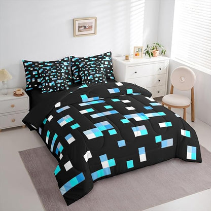 Castle Fairy Blue Miner Square 7 Piece Comforter Set Queen Size,Geometric Grid All Season Reversible Bed in a Bag Pixelated Games Bedding Sets Pixel Style Flat Sheet,Fitted Sheet,Pillowcases