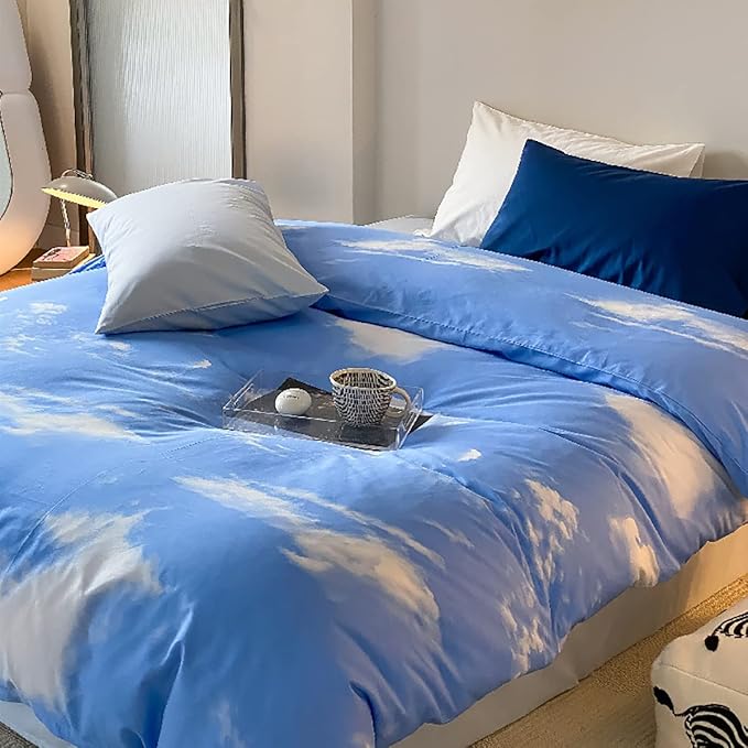 KAREVER Blue Cloud Comforter Set Cal King Size Sky Theme Bedding Women 3 Pieces Soft Light Blue California King Plus Size Bed Blanket Set All Season