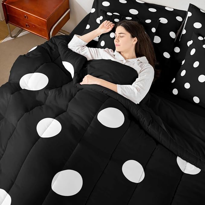 Feelyou Polka Dot 7 Piece Bedding Set Black White Comforter Set with Sheets for Kids Boys Girls Geometric Plaid Bed in a Bag Modern Cute Bed Set Soft Lightweight