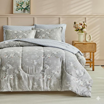 AIKASY Bed in a Bag 7-Piece Queen Comforter Set - Soft Microfiber Bedding with Elegant Floral, Lightweight and Breathable for All-Season (Regal Purple)
