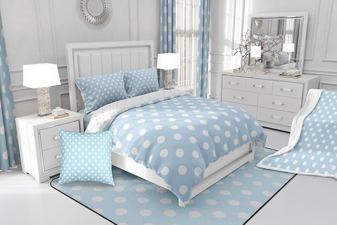 Manfei Polka Dots Kids Comforter Set,French Style Dots Cartoon Blue White Bedding Set All Season,Modern Geometric Circles Abstract Simple Art Comforter 2 Pcs with 1 Pillowcase,Twin Size
