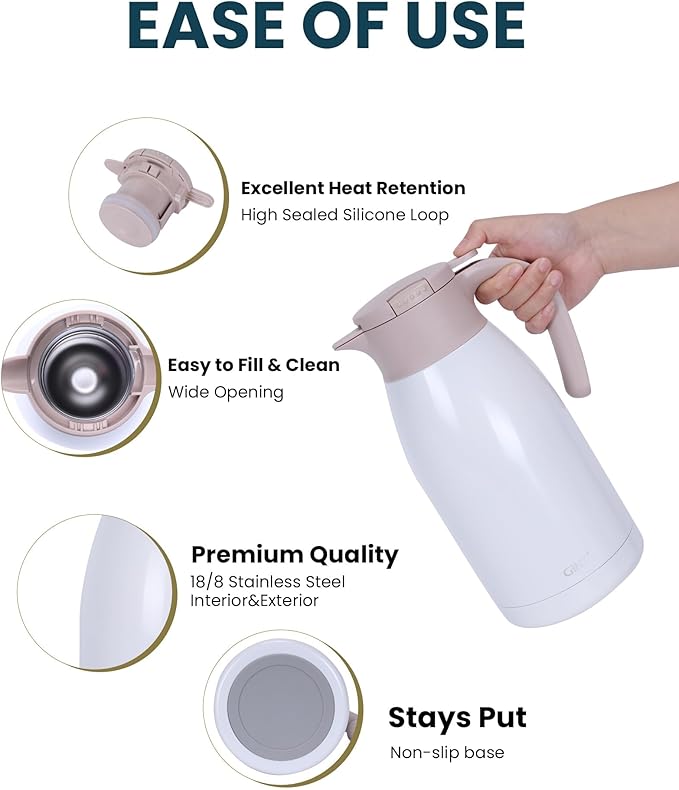 GiNT 1.9L / 64Oz Thermal Coffee Carafe, Insulated Stainless Steel Coffee Carafes for Keeping Hot/Double Walled Vacuum Thermal Carafe (White)