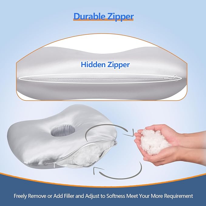 Ear Piercing Pillow for Side Sleepers, Pillow with an Ear Hole for CNH and Ear Pain Ear Inflammation Pressure Sores (Light Gray Silk, 17.3"x12.6"x2")