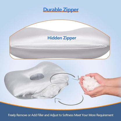 Ear Piercing Pillow for Side Sleepers, Pillow with an Ear Hole for CNH and Ear Pain Ear Inflammation Pressure Sores (Light Gray Silk, 17.3"x12.6"x2")