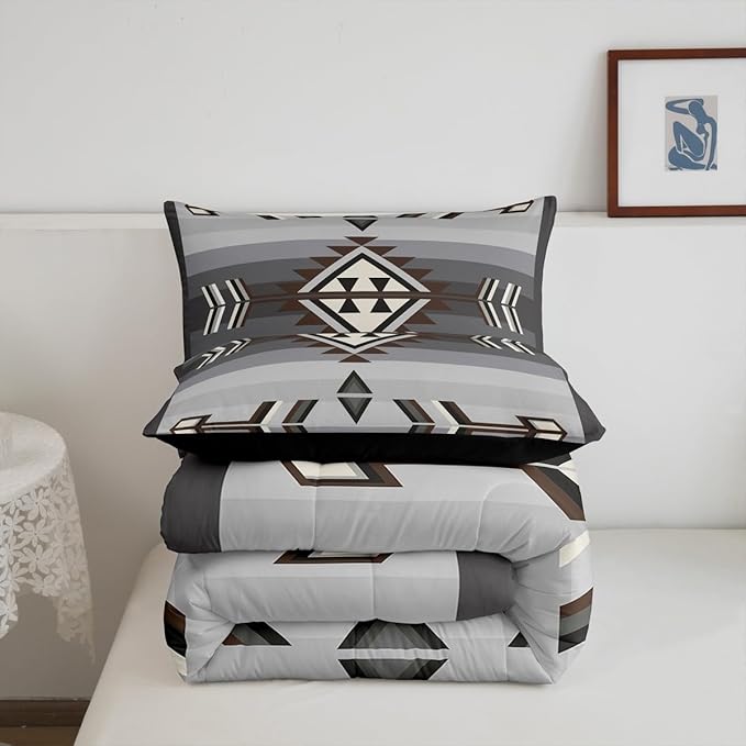 Erosebridal Rustic Western Toddler Comforter Set American Native Southwestern Bedding Set for Boys Men Bohemian Aztec Quilt Bedding Sets Exotic Ethnic Tribal Bed Set Brown Grey Farmhouse Decor 2 Pcs