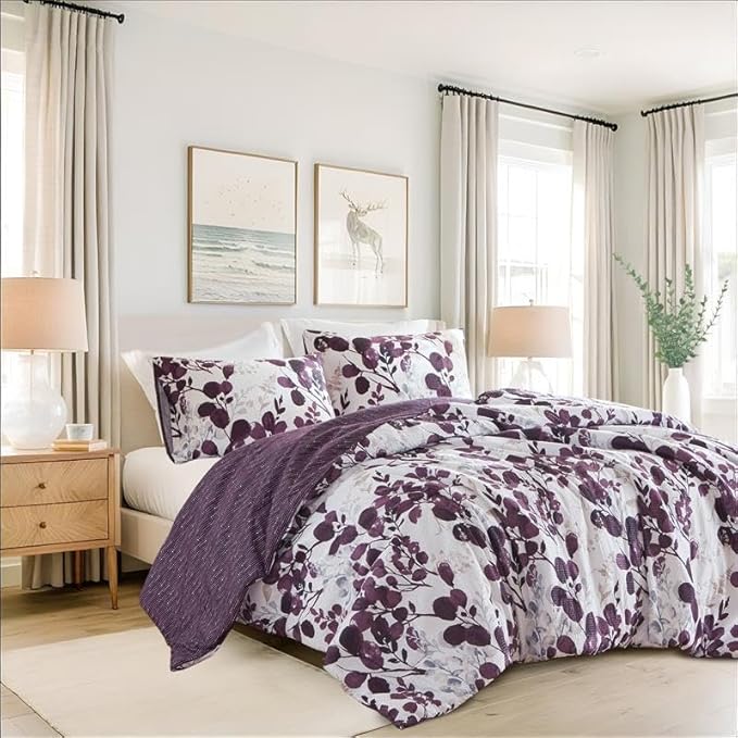 Lightweight Seersucker Botanical King Size Comforter Set, 3 Pieces Reversible Design Bed Comforter, Premium Microfiber Bedding Set, Comforter and Shams Set, Purple
