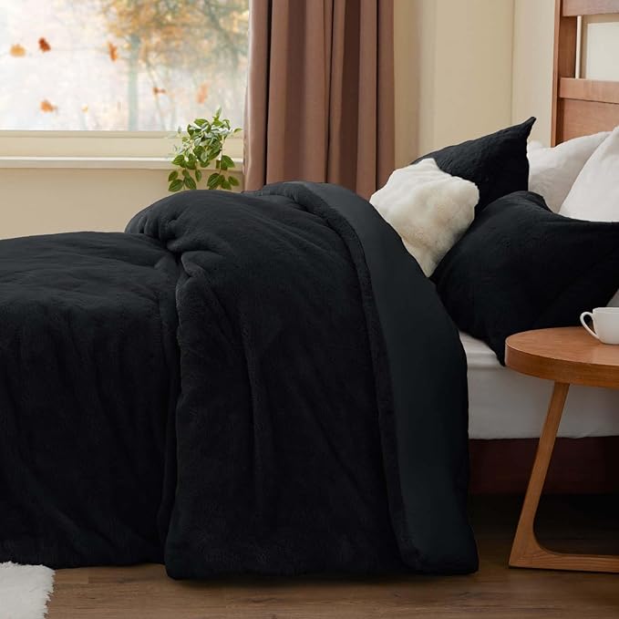 BEDELITE Faux Fur Fleece Twin Comforter Set - Fluffy & Warm Black Comforter Twin Size，Ultra Soft and Cozy Winter Bedding Set,Fuzzy Thick Bed Set,1 Comforter and 1 Pillowcase