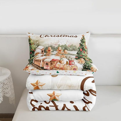 Christmas Train Bedding Sets Twin Size,Gingerbread Men Comforter Set 2Pcs for Kids Girls Boys Women Room Decor,Xmas Tree Quilted Duvet Merry Christmas Down Comforter,1 Pillowcase