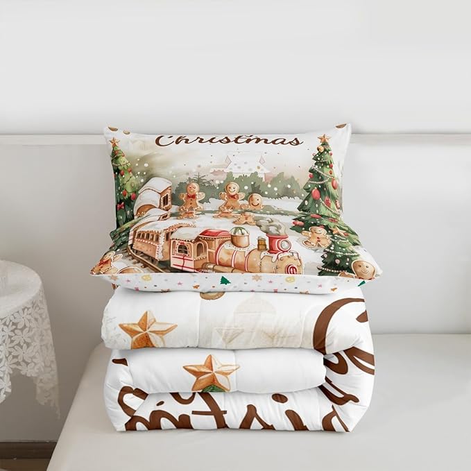Christmas Train Comforter Set Full Size,Gingerbread Men Bedding Sets 3Pcs for Kids Girls Boys Women Room Decor,Xmas Tree Down Comforter Merry Christmas Quilted Duvet,2 Pillowcases