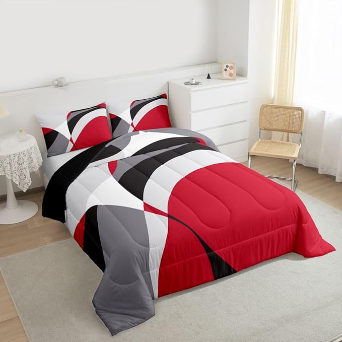 Erosebridal Aesthetic Stripe Bedding King Modern Comforter Set for All Ages, Geometric Circle Bedding Comforter Sets Abstract Artwork Duvet Set, Red Grey Black Quilted Comforter Luxury 3pcs
