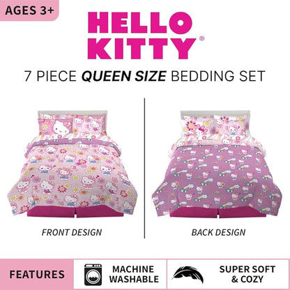 Hello Kitty Kids Bedding Super Soft Comforter and Sheet Set with Sham, 7 Piece Queen Size, (Officially Licensed Product) by Franco