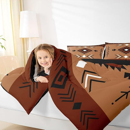 Toddler Size Western Aztec Bedding Set, Native American Navajo Comforter Set for Boys Adult Teens Men, Southwestern Geometric Duvet Insert Ethnic American Native Quilt Rustic Farmhouse Decor, Brown