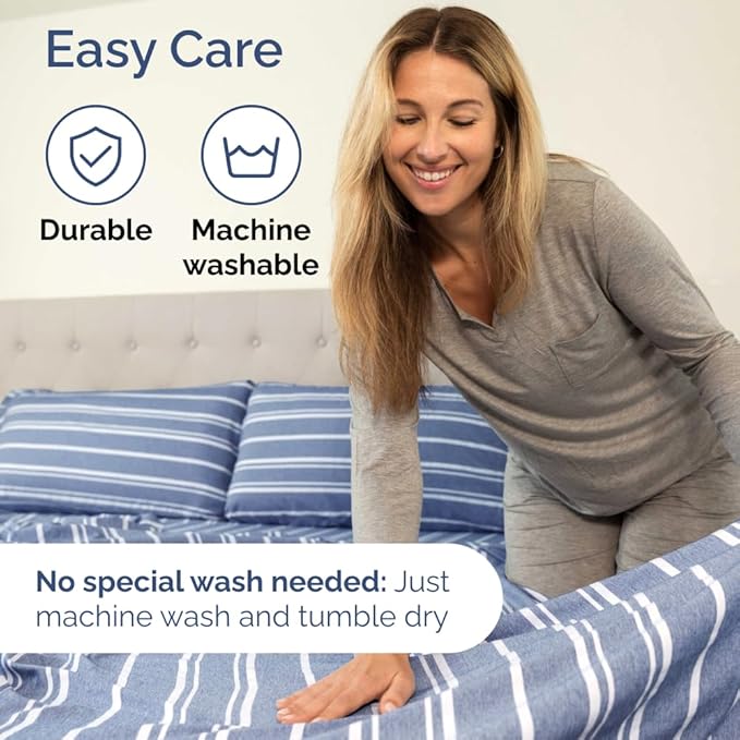 Flex Top Split Head King 4 Piece Sheet Set - Comfy Breathable & Cooling Bed Sheets Set - Hotel Luxury Bedding for Women, Men, Kids, Teens, Boys & Girls - Deep Pockets, Soft - Oeko-Tex - Blue Stripes