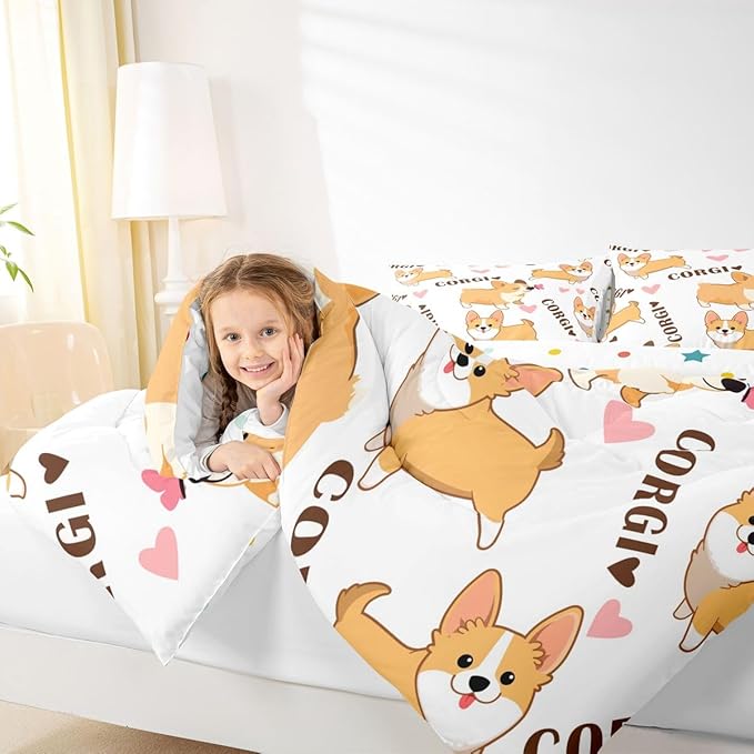 Erosebridal Kid Corgi Dog Comforter Set Full Cute Puppy Down Comforter Cartoon Pet Dog Happy Farm Animal Love Pattern Quilted Duvet, with 1 Pillow Case, Super Soft Breathable Duvet Insert, White