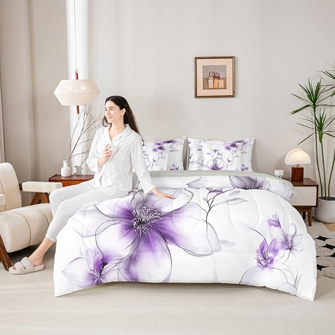 Erosebridal Purple Floral Twin Comforter Set with Sheets for Women, Boho Flower 7 Pcs Bedding Set, Watercolor Floral Elegant Bed Sets for Girls Adults, Ink Painting Style Blossom & Leaf Bed in A Bag