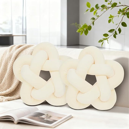 2 Piece Knot Pillows, Ivory Throw Pillows Knotted Star Cushion Decorative Plush Pillow for Bedroom Living Room, Ivory 14"