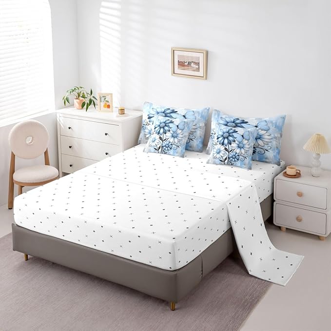 Feelyou Blue Floral Comforter Set With Sheets 7 Piece Full Size Daisy Blossom Flowers Pattern Bedding Set for Kids Boys Girls Abstract Geometric Art Bed in a Bag Room Decor Soft Lightweight Microfiber