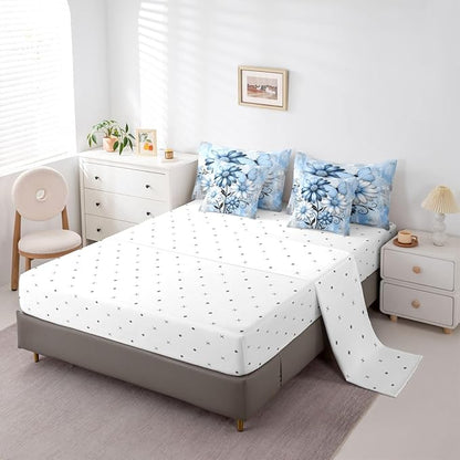 Feelyou Blue Floral Comforter Set With Sheets 7 Piece Full Size Daisy Blossom Flowers Pattern Bedding Set for Kids Boys Girls Abstract Geometric Art Bed in a Bag Room Decor Soft Lightweight Microfiber