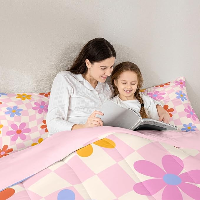 Erosebridal Cute Flower Toddler Bedding Set Kawaii Cartoon Floral Comforter Set for Kids Girls Teen Room Decor,Pink Girly Comforter Watercolor Flowers Geometric Plaid Grids Bed Set