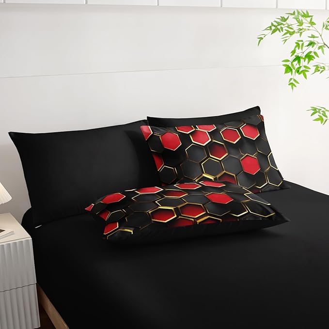 7 Piece Red and Black Comforter Set King Checkered，King Size Checkered Bedding Set，(1 Comforter, 1 Flat Sheet, 1 Fitted Sheet, 2 Pillowcase and 2 Pillow Sham)