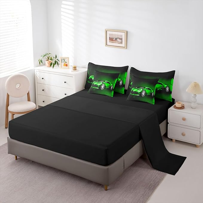 Feelyou Sports Car 7 Piece Bedding Set Green Race Car Comforter Set with Sheets for Kids Boys Girls Extreme Sports Theme Bed in a Bag Cool Speed Luxury Car Decor Bed Set with 1 Pillowcase Twin
