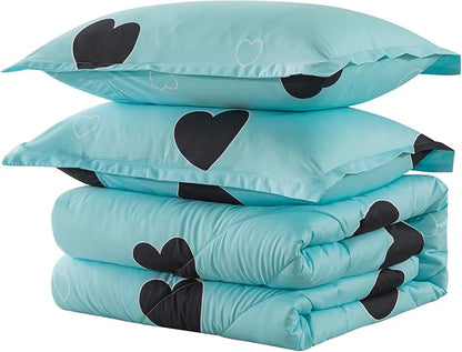 Caressma Love Pattern Girls Comforter Set King Size, Sky Blue Cute Love Heart Print Comforter Bedding Set for All Seasons, Geometric Soft Microfiber 3 Pieces Comforter Set with Pillowcases