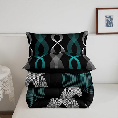 Erosebridal Teal and Black Queen Comforter Set for Men, Teal Striped Bedding Set for Boys Adults, Contemporary Boho Modern Art Abstract Comforter, Gradient Geometric Stripes Aesthetic Quilt