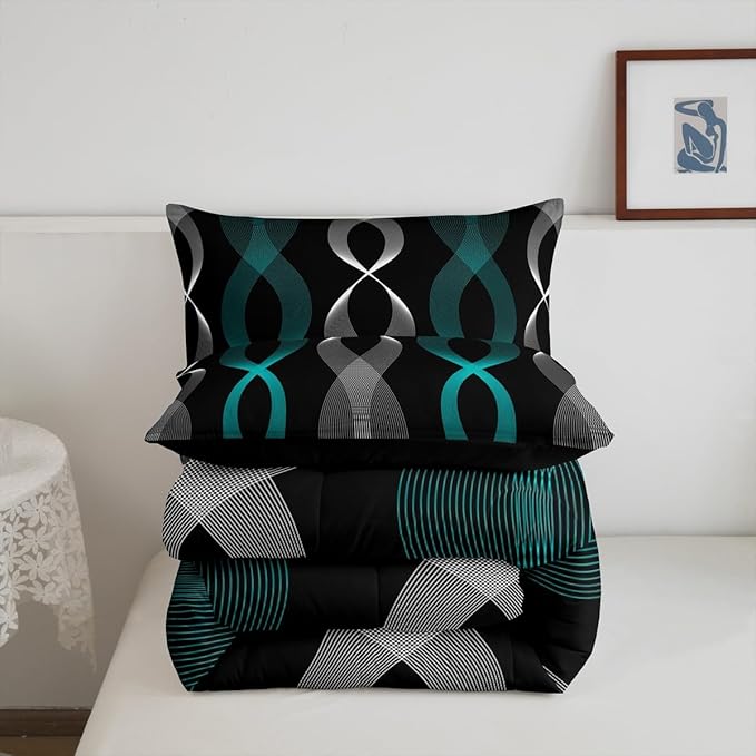 Erosebridal Teal and Black Full Bedding Set for Men, Teal Striped Boho Abstract Comforter Set for Boys Adults, Contemporary Aesthetic Line Comforter, Modern Gradient Geometric Stripes Quilt